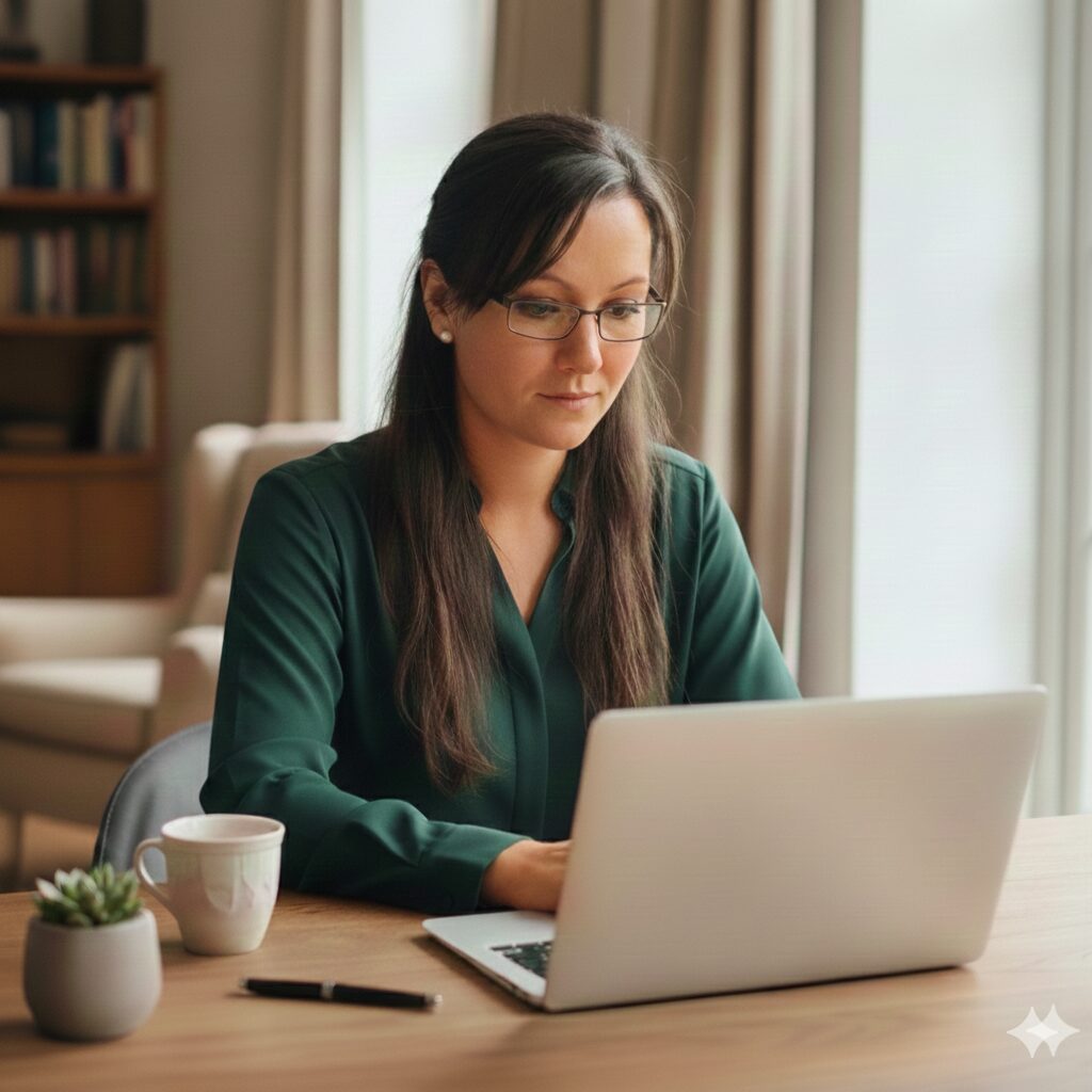 Melanie Müller sitzt an einem Schreibtisch mit Laptop, um eine Firmenwebsite zu erstellen
