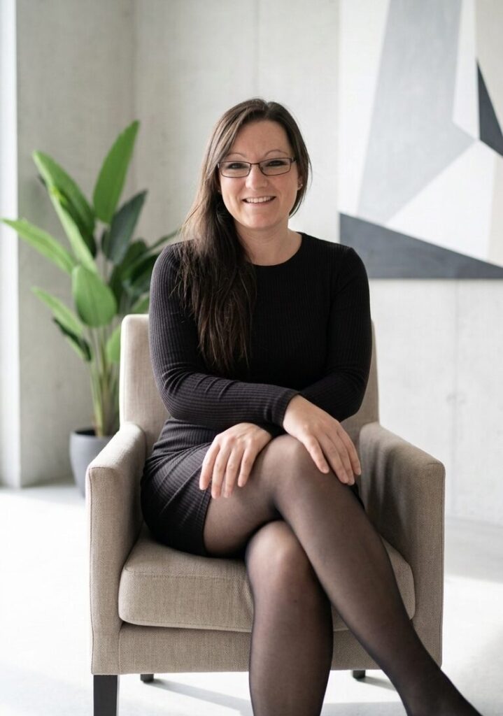 WordPress Webdesignerin Melanie von melaniemueller.design sitzt auf einem Sessel im Büro